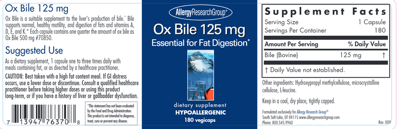 Ox Bile 125 mg (Allergy Research Group) Label