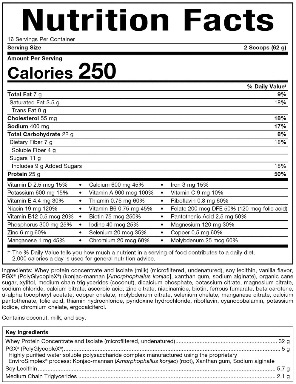 PGX Weight Loss Meal Replacement French Vanilla Supplement Facts Label