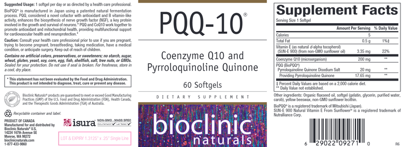 PQQ-10 (Bioclinic Naturals) Label