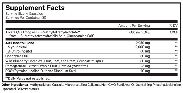 PQQ Ovarian Harmony+ Supplement Facts Label