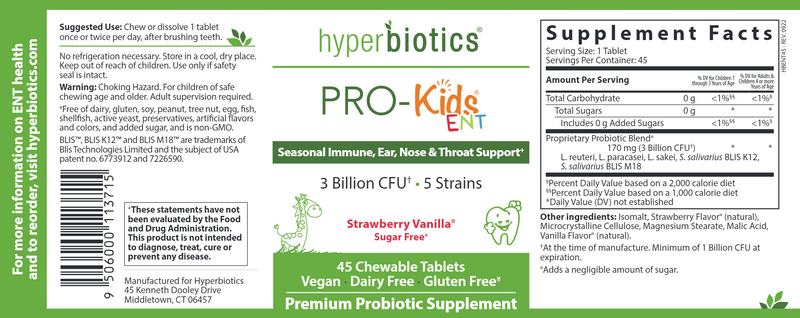 PRO-Kids ENT (Hyperbiotics) label