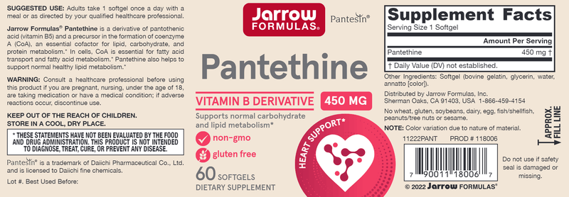Pantethine Jarrow Formulas label