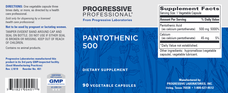 Pantothenic 500 (Progressive Labs) Label