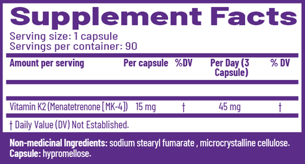 Peak K2 Supplement Facts Label