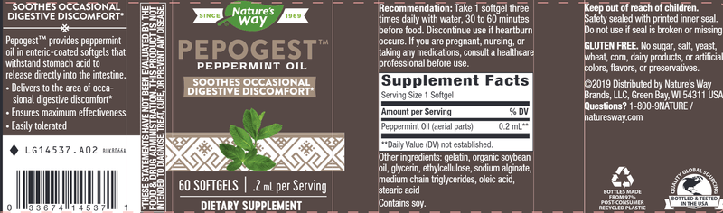 Pepogest (Peppermint Oil) 60 softgels (Nature's Way) label