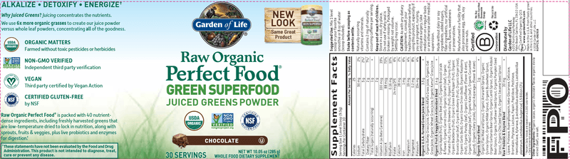 Perfect Food RAW - Chocolate (Garden of Life) 30 servings label