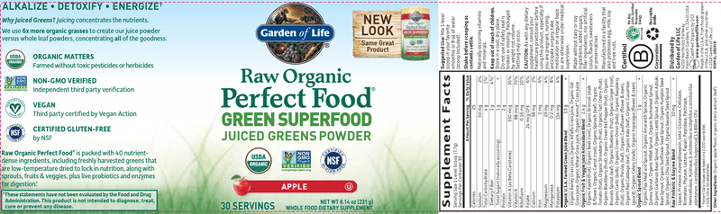 Perfect Food RAW - Organic Apple (Garden of Life) Label