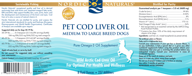 Pet Cod Liver Oil (Nordic Naturals) 8oz Label