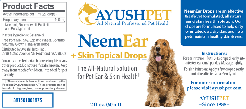 Pet Neem Ear & Skin Drops (Ayush Herbs) Label