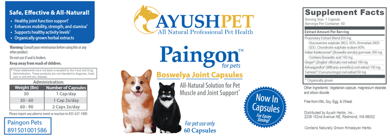 Pet Paingon Capsules (Ayush Herbs) label