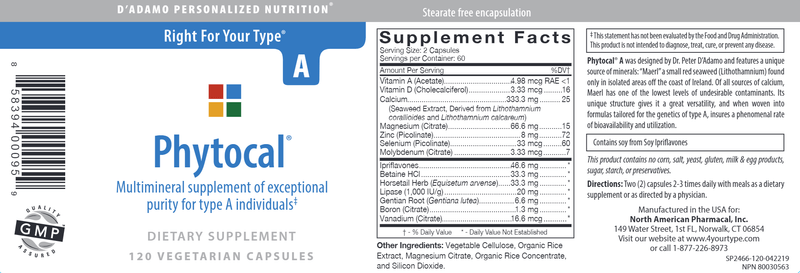 Phytocal A (D'Adamo Personalized Nutrition) label