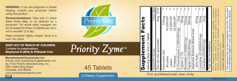 Priority Zyme (Priority One Vitamins) label