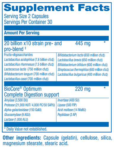 Probiotic 20 Plus Supplement Facts Label
