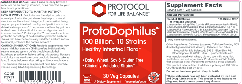 ProtoDophilus 10 100 Billion (Protocol for Life Balance) Label