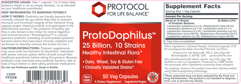 ProtoDophilus 10 25 Billion (Protocol for Life Balance) Label