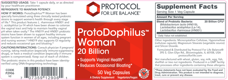 ProtoDophilus Woman 20 Billion (Protocol for Life Balance) Label