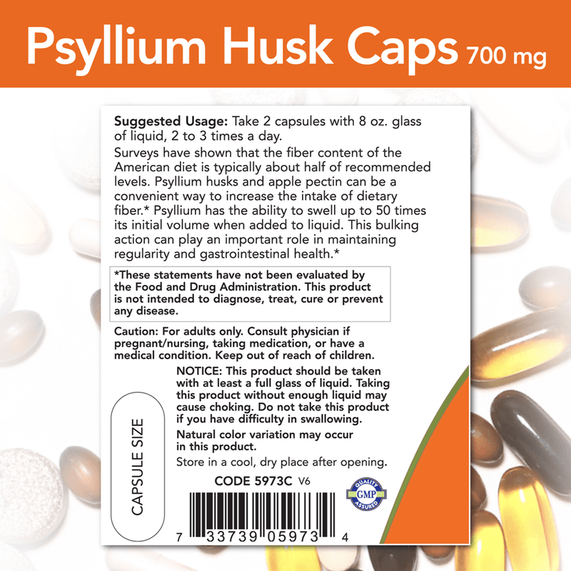 Psyllium Husk 700 mg - 180 Capsules (NOW) Label