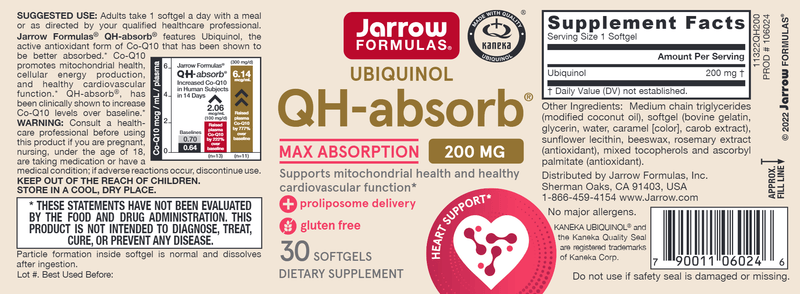 QH-Absorb Co-Q10 200 mg 30ct Jarrow Formulas label