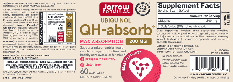 QH-Absorb Co-Q10 200 mg 60ct Jarrow Formulas label