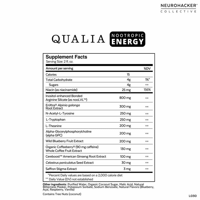 Qualia Nootropic Energy Shot (Neurohacker Collective) supplement facts