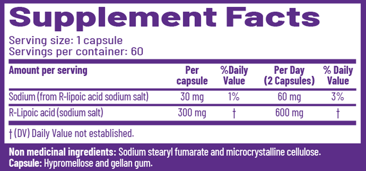 BACKORDER ONLY - R-Lipoic Acid 300 mg Supplement Facts Label
