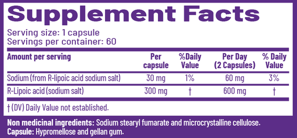 BACKORDER ONLY - R-Lipoic Acid 300 mg Supplement Facts Label