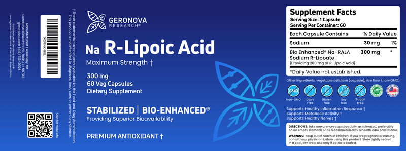 R-Lipoic Acid 300 mg (GeroNova Research) 60ct Label