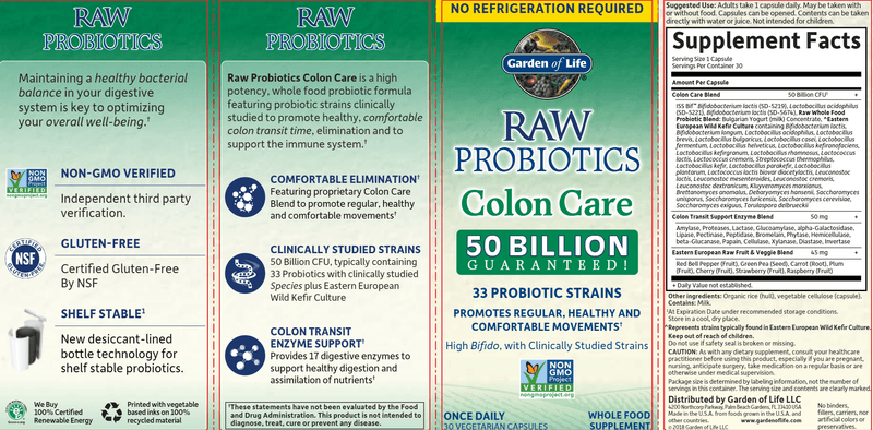 RAW Probiotics Colon Care (Garden of Life) Label
