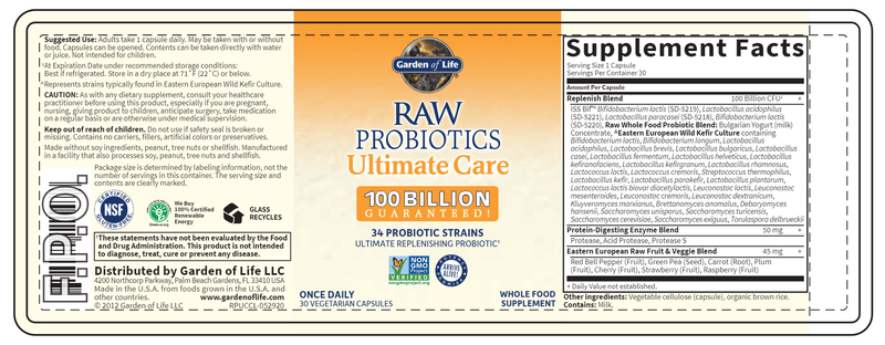 RAW Probiotics Ultimate Care (Garden of Life) Label
