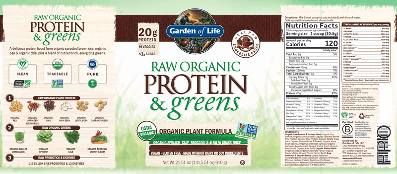 RAW Protein & Greens Chocolate (Garden of Life) Label