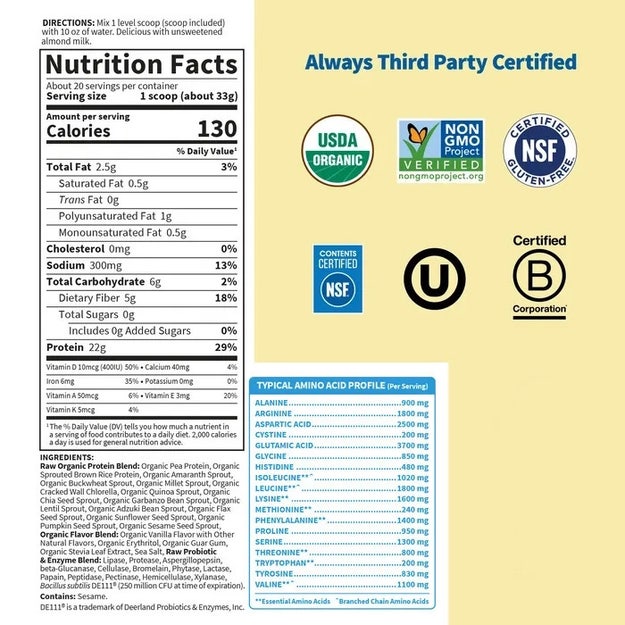 raw organic protein vanilla garden of life nutrition facts