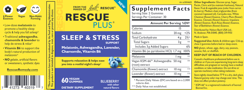 RESCUE PLUS Sleep & Stress Support (Nelson Bach) Supplement Facts