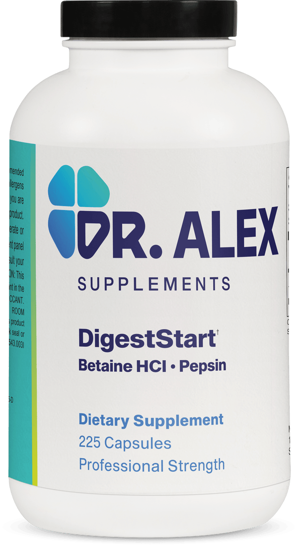 digeststart betaine hcl and pepsin | betaine & pepsin | doctor alex supplements | low stomach acid supplement | hypochlorhydria | support stomach acid