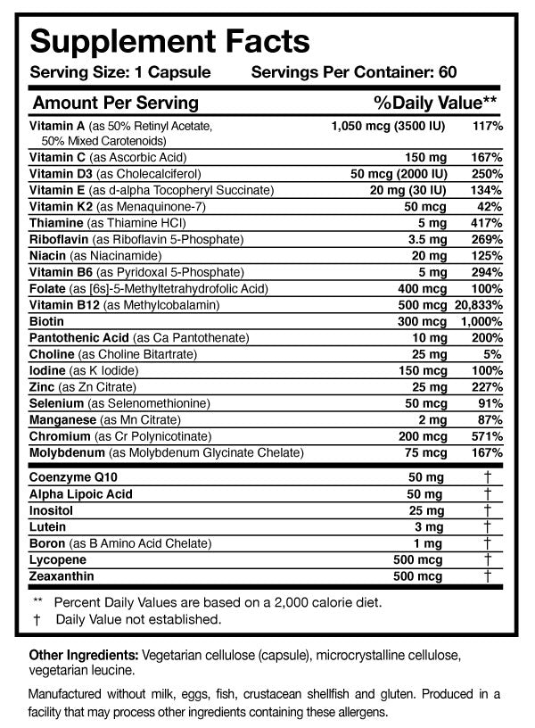 Physician’s Daily Multivitamin + D3 Supplement Facts Label