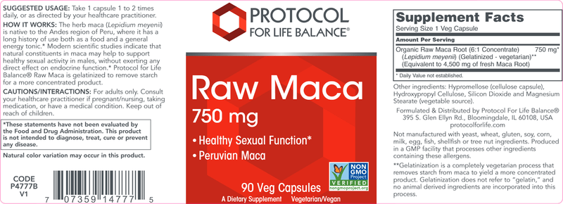 Raw Maca (Protocol for Life Balance) Label