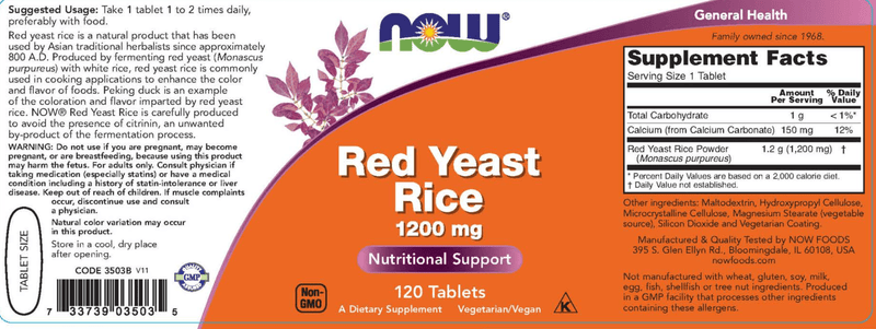 Red Yeast Rice 1200 mg - 120 Tablets (NOW) Label