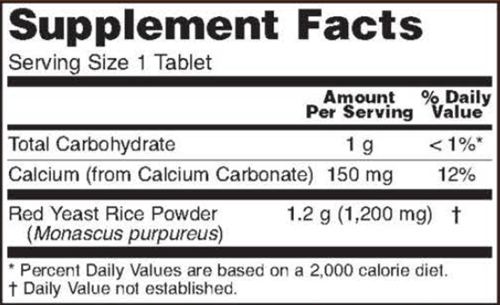 Red Yeast Rice 1200 mg - 120 Tablets (NOW) Supplement Facts