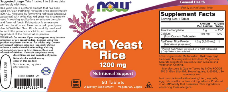 Red Yeast Rice 1200 mg - 60 Tablets (NOW) Label