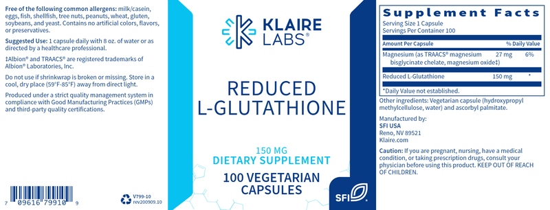 Reduced L-Glutathione 150 mg (Klaire Labs) Label