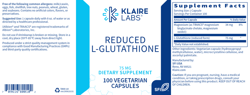 Reduced L-Glutathione 75 mg (Klaire Labs) Label