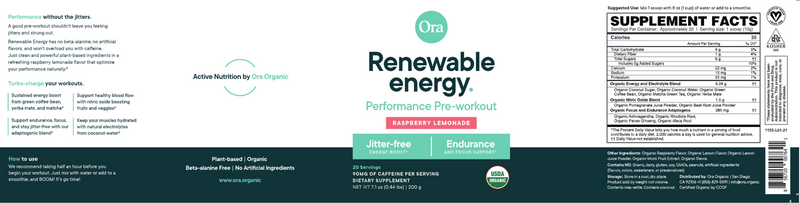 Renewable Energy: Organic Pre-Workout Powder (Ora Organic) Label