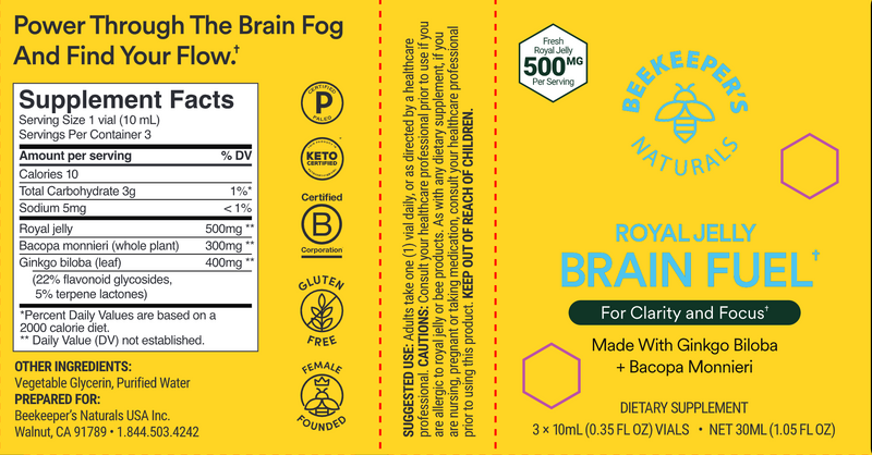 Royal Jelly Brain Fuel (Beekeeper's Naturals) 3pack label