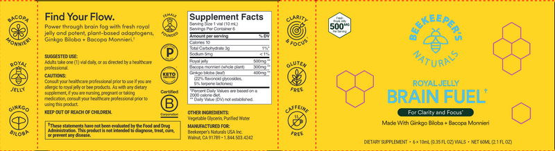 Royal Jelly Brain Fuel (Beekeeper's Naturals) 6pack label