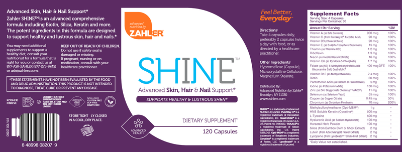SHINE Skin Hair & Nail Support (Advanced Nutrition by Zahler) Label
