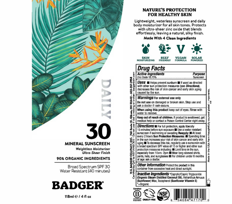 SPF 30 Daily Mineral Sunscreen Lotion (Badger) Label
