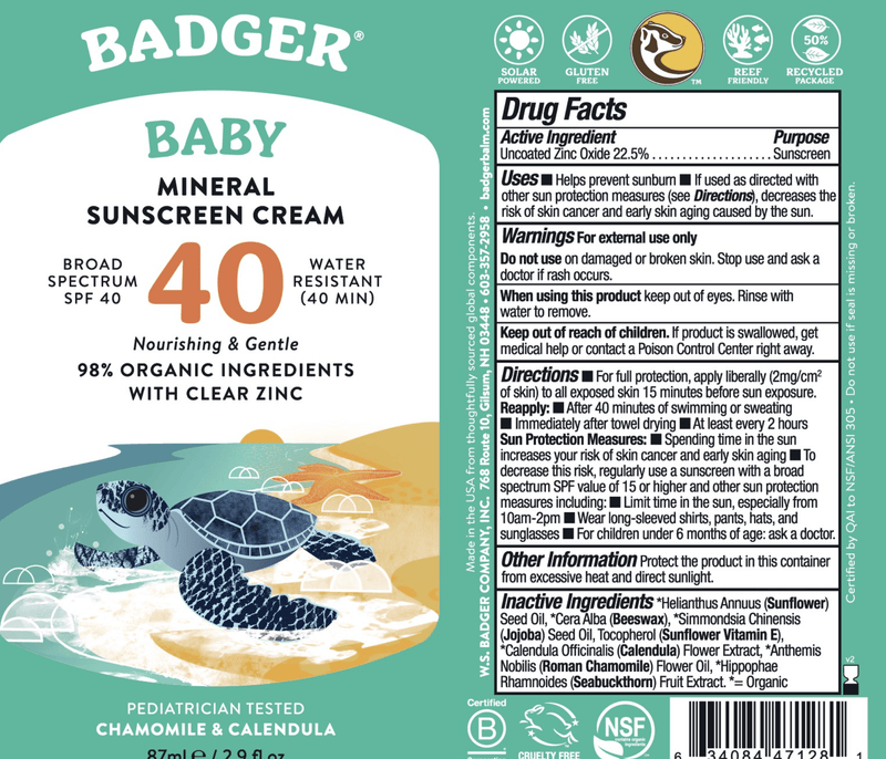 SPF 40 Baby Clear Zinc Sunscreen Cream (Badger) label