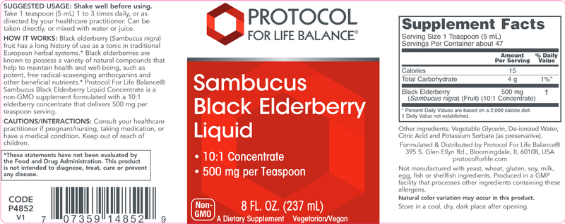 Sambucus Black Elderberry (Protocol for Life Balance) Label