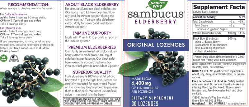 Sambucus Lozenges 30 lozenges (Nature's Way) label