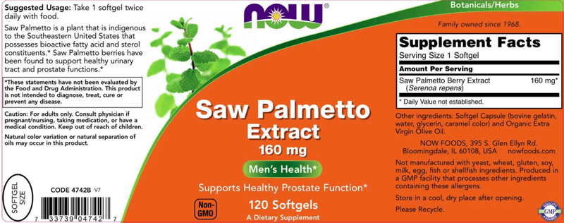 Saw Palmetto Extract 160 mg - 120 Softgels (NOW) Label