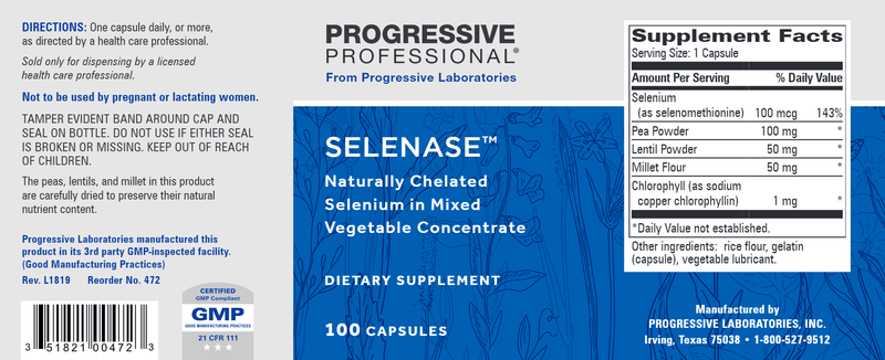 Selenase 100 Caps (Progressive Labs) Label